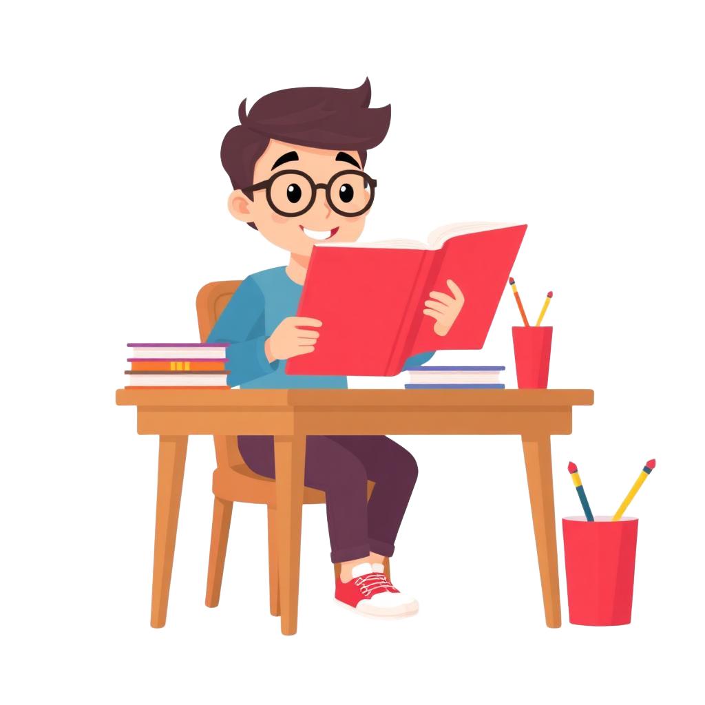 Estudante a ler um livro na secretária